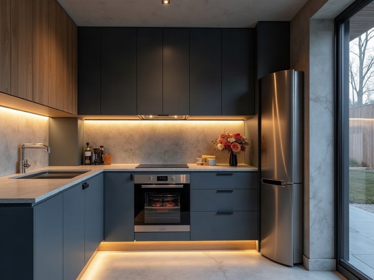 Panel-ready kitchen with integrated household appliances and stone counters