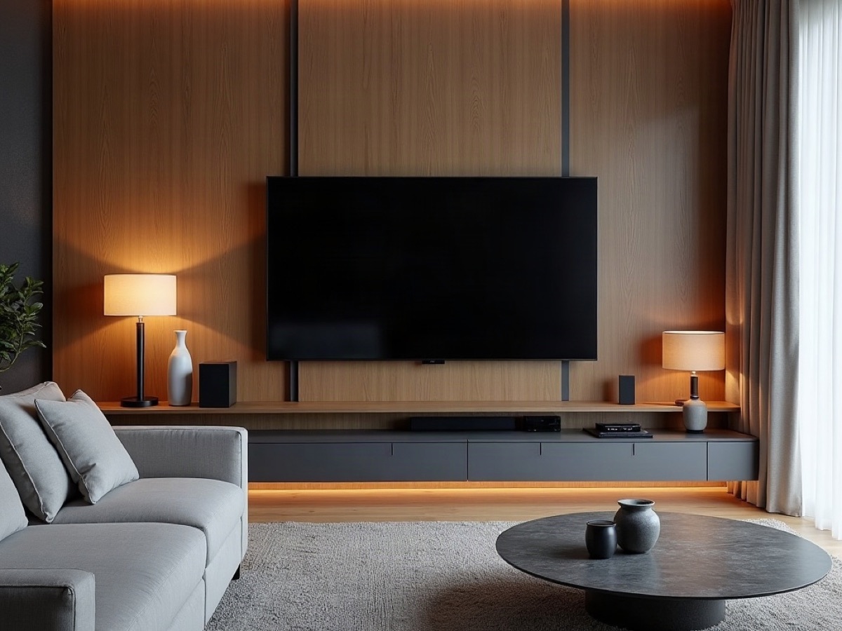 Apartment living room with a dark television, speakers, and ceramic decor