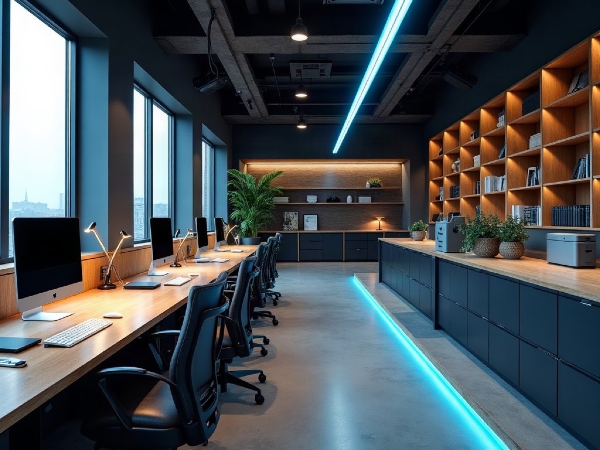 Open office with oak desks, document equipment, and a cyan ceiling line
