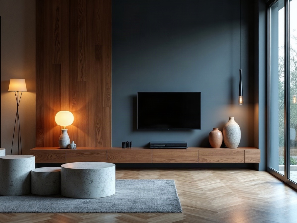 Concept salon with appliances, a walnut media wall, and decor on stone plinths